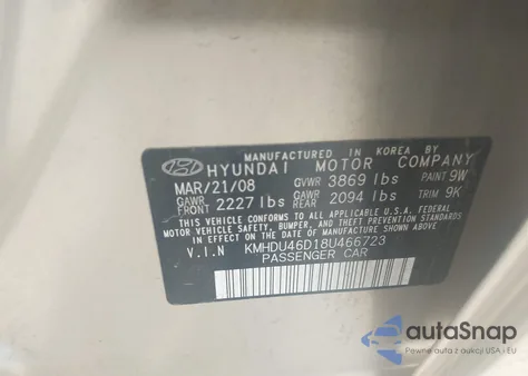 2008 Hyundai Elantra Gls/Se z USA, uszkodzony, nr VIN KMHDU46D18U466723